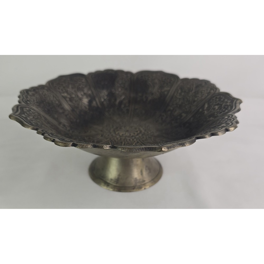 Brass Embossed Floral Scalloped Pedestal Bowl/Compote Metallic Finish - Picture 2 of 3